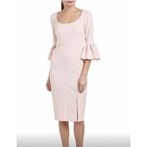 NWT $148 DONNA MORGAN 4 Blush Pink 3/4 Ruffle Bell Sleeve Midi Sheath Dress